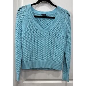 Talbots Women’s Medium Blue 100% Cotton Cable Knit V-Neck Sweater Thick EUC